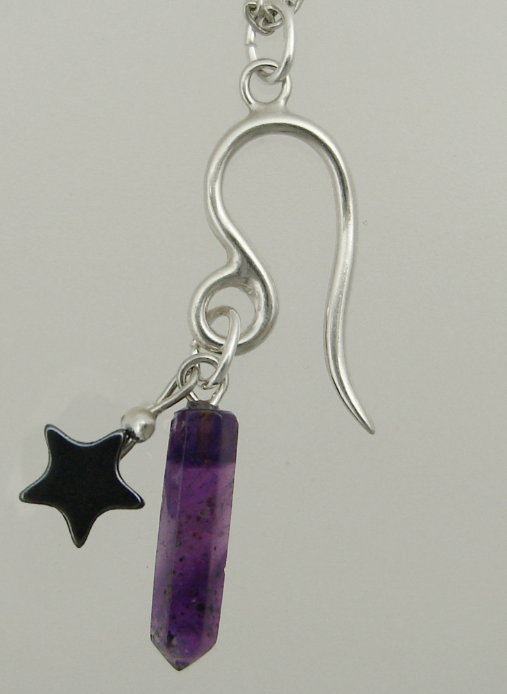 Sterling Silver Leo Pendant Necklace With an Amethyst Crystal And a Black Onyx Star